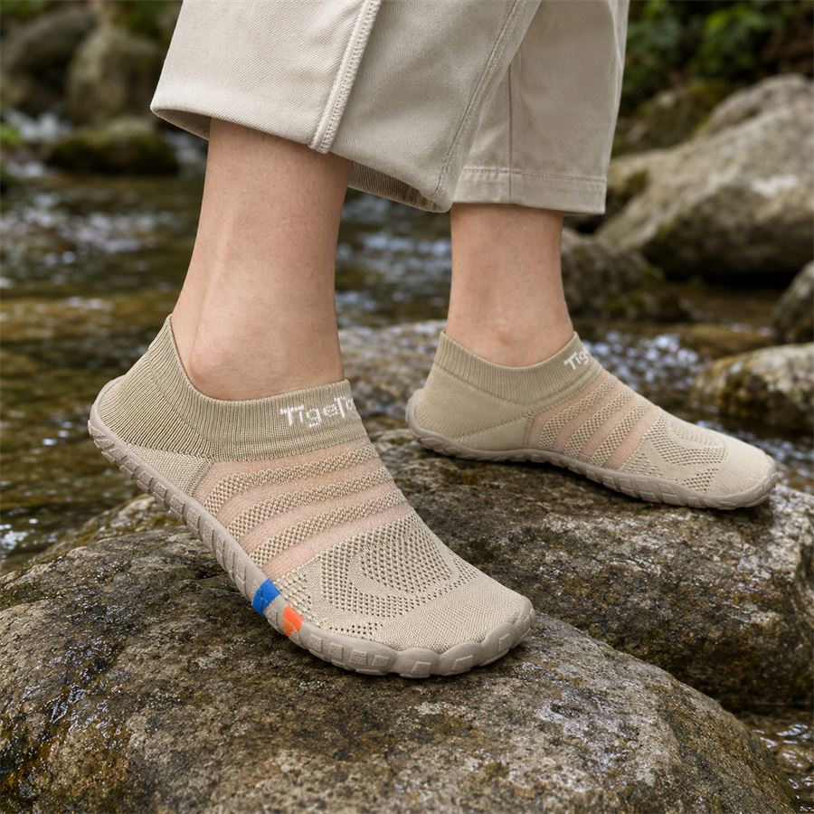 Wide-Toe Knit Barefoot Water Shoe in use, view 1